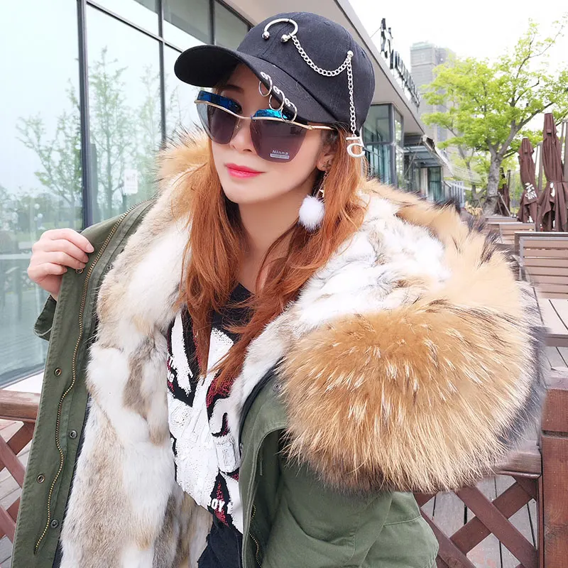 

2019 Winter Jacket Women Coat Parkas Natura Real Raccoon Fur Collar Rabbit Fur Liner Thick Warm Detachable 3 In 1 Outerwear New