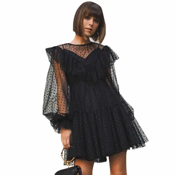 

Women Fashion Mesh Black Dress Short Lantern Sleeve Ballgown High Waist Dot Decor Mini Dress Streetwear