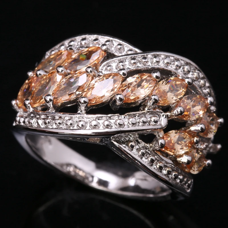 Noblest Champagne Morganite Zircon Round Gems Silver Plated Argent Solitaire Ring Size 6 7 8 