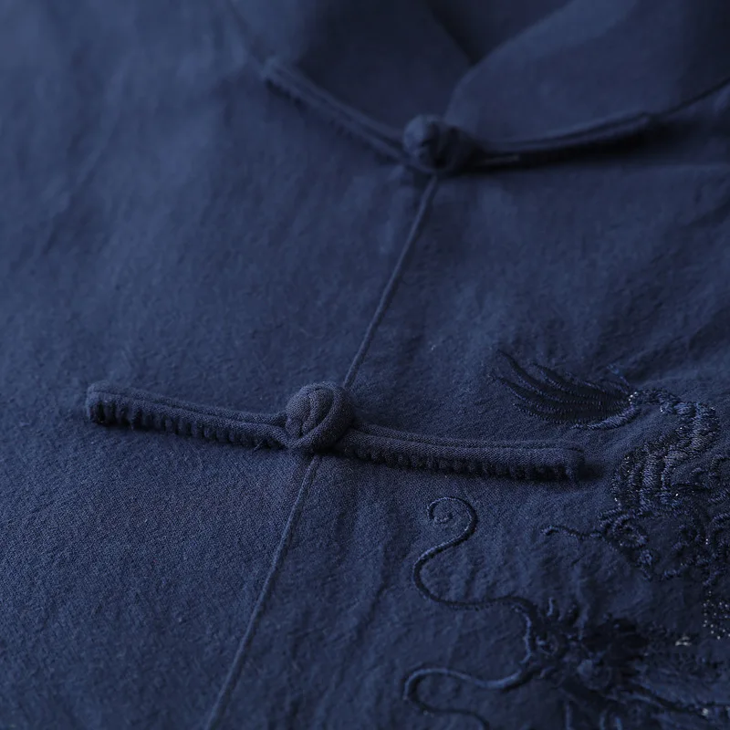 Темно-синий кунг-фу тай-чи форма Традиционный китайский дракон одежда Тан костюм Топ летняя хлопковая льняная рубашка мужская M-XXXL