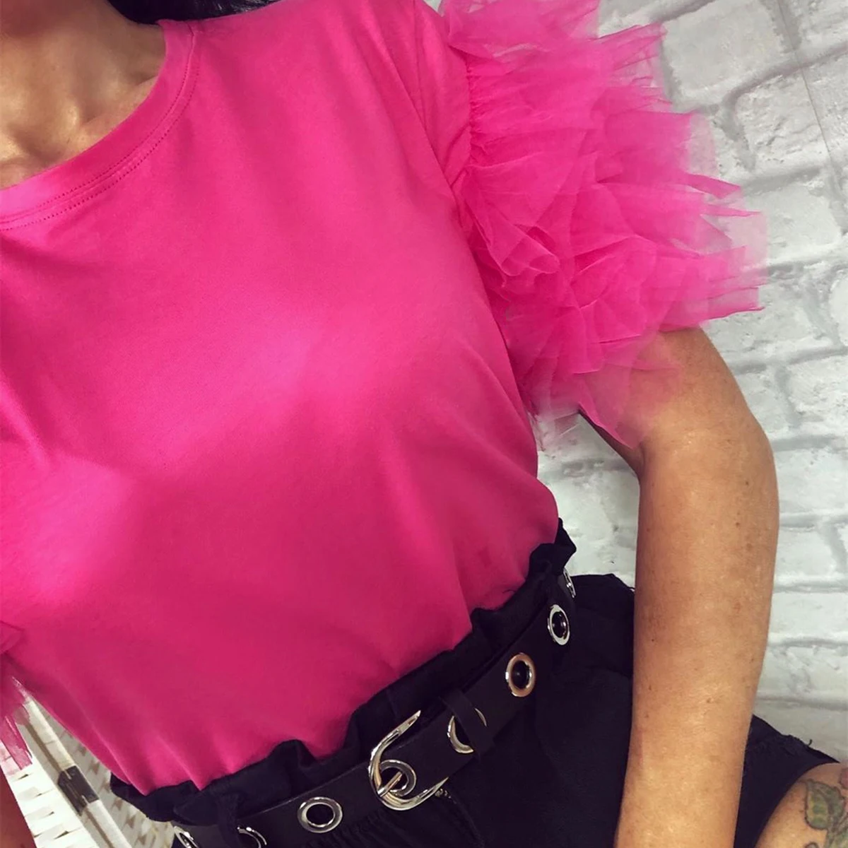 Elegant Women Summer Layered Lace Tulle Ruffle Short Puff Sleeve Shirt Ladies Loose Casual Blouse Top Elegant Women Summer Layered Lace Tulle Ruffle Short Puff Sleeve Shirt Ladies Loose Casual Blouse Top