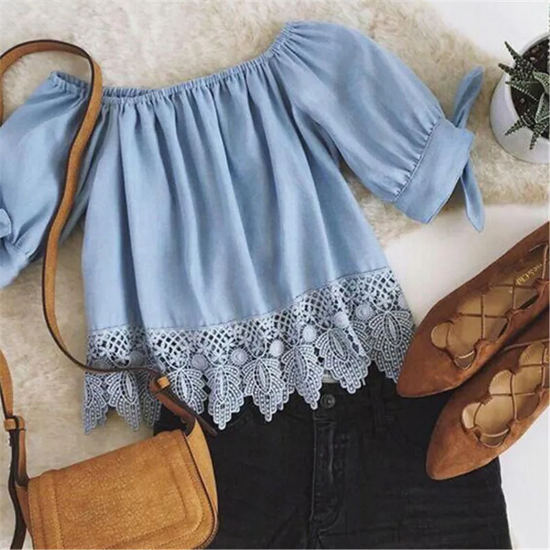 

New Fashion Women Clothes Lace Off Shoulder Shirts Casual Blouses Crop Tops Summer Female Apparel