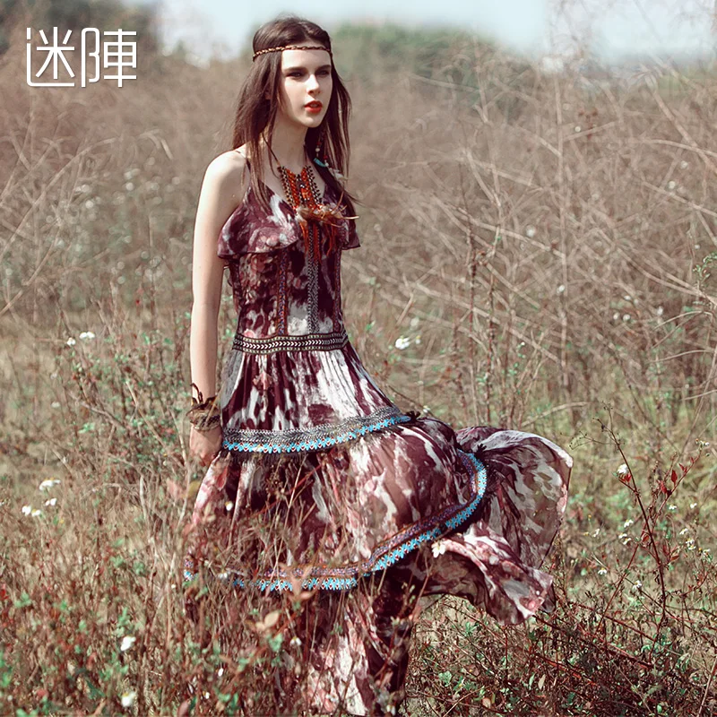 

Aporia.AS New Spring Summer Women Chiffon Long Dress Slim National Novelty Print Fringe Ribbon Personality of different Dresses