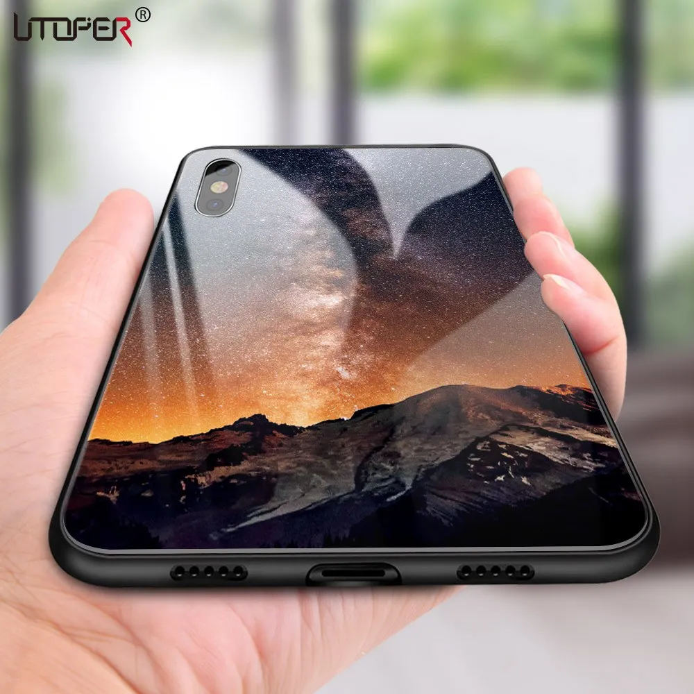 UTOPER Tempered Glass Case For iPhone 7 8 Plus Case Luxury Star Space Cover For iPhone X Case For iPhone6s 6 6s 7Plus XS Max XR