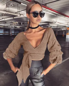 

Women Winter Knitted Jumper Gray Sweater Tops Pullover Knitwear V-neck Crop Tops