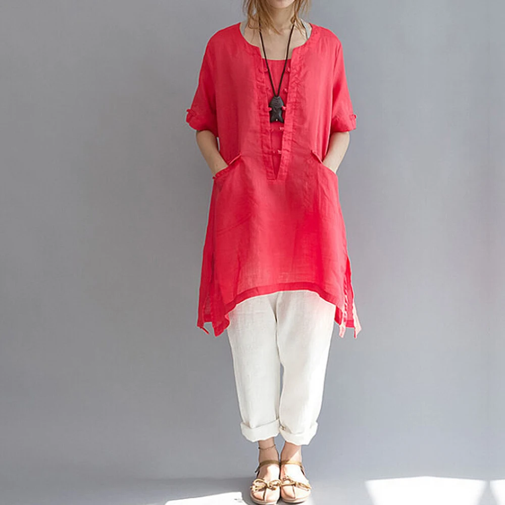 2018 Panjang Wanita Katun Linen Lengan 