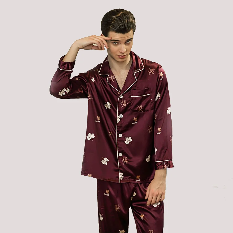 

2018 Men Autumn Plus Pajamas Set Male Casual Tops and Trouser Leisure High Faux Silk Sleepwear Men's Lounge Appael Retro TZ715