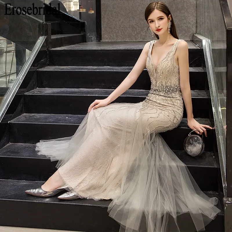 Mermaid Evening Dress Long 2019 Beaded Lace Formal Dresses Evening Gown for Women Elegant V Neck/Back 7 Colors robe soiree Mermaid Evening Dress Long 2019 Beaded Lace Formal Dresses Evening Gown for Women Elegant V Neck/Back 7 Colors robe soiree