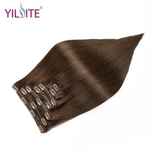YILITE Double Drawn European Remy Human Hair Silky Straight Full Head Clip in Hair Extensions 7pieces 14inch-16inch Brown Colors