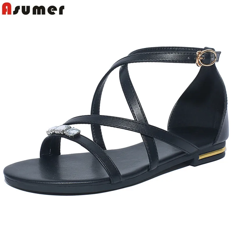 

Asumer 2019 hot sale new arrive women sandals simple flat summer sandals fashion rhinestone buckle genuine leather sandals
