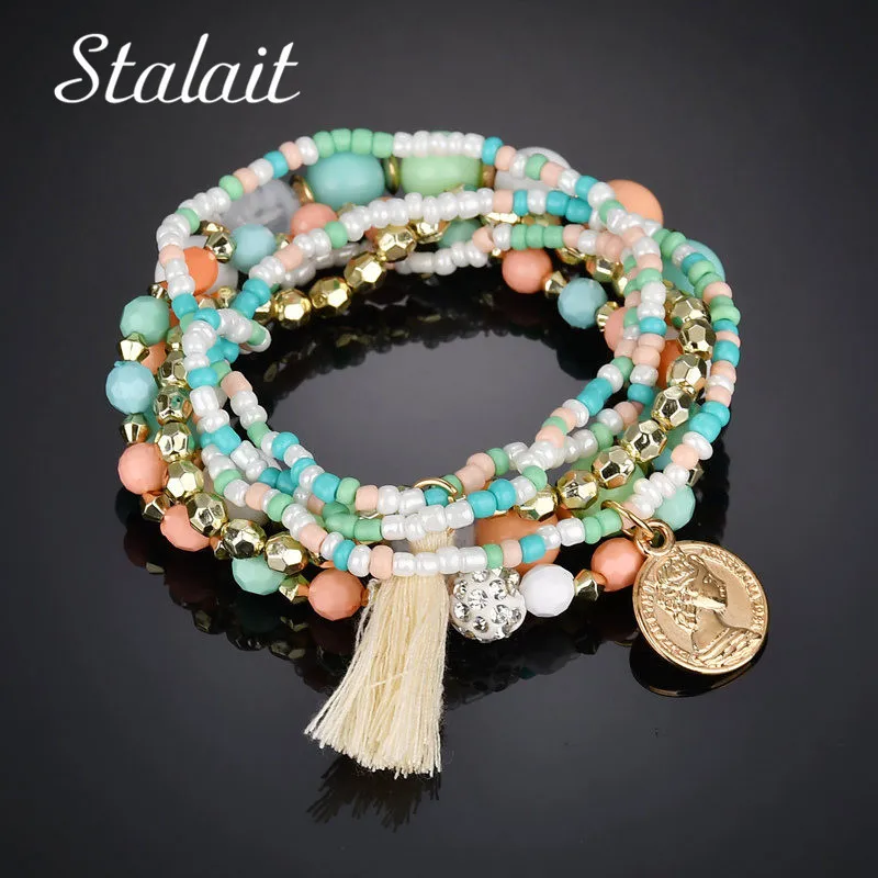 

Crystal Multicolor Beads Weave Tassel Bracelet Multilayer Coin Bracelets For Women 2018 New Punk Pulseira Accessories Gift