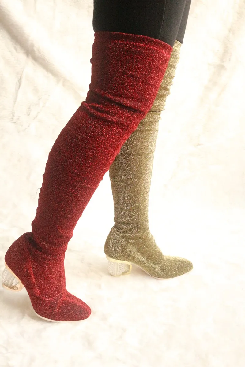 SIMLOVEYO/женские демисезонные высокие сапоги до бедра; ботильоны на прозрачном каблуке; эластичные разноцветные ботфорты; Botas bottine femme