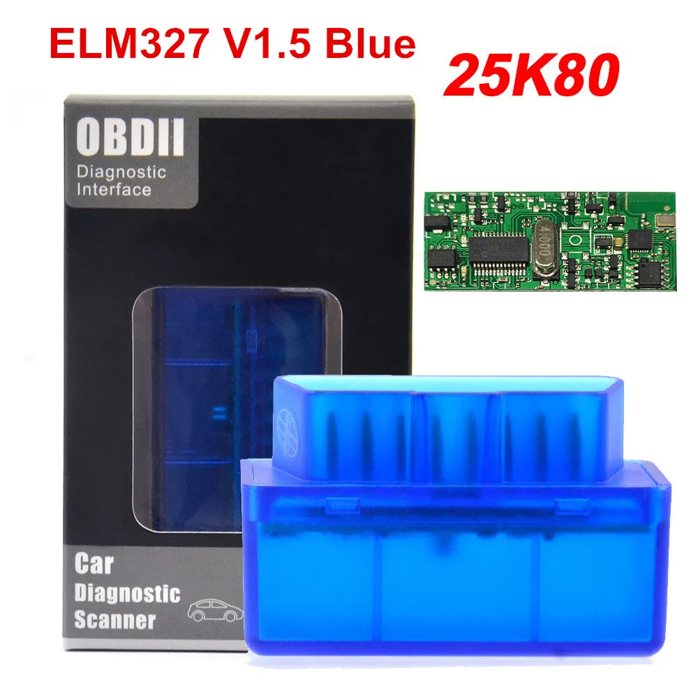 ELM327 V1.5 Bluetooth с чипом PIC18F25K80 OBD2 адаптеры для бортовой диагностики, версия II сканер для Android/PC Поддержка OBD2 протоколы+ ELM327 v2.1 - Цвет: Blue with 25K80