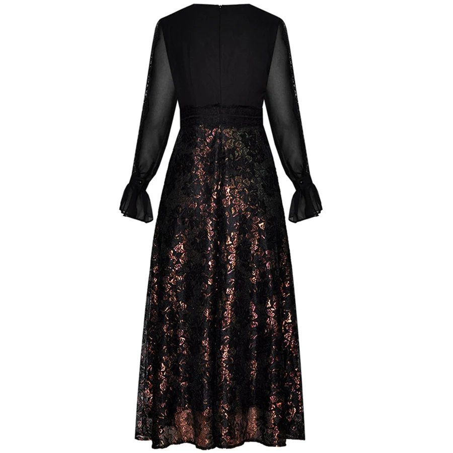 

VERDEJULIAY Runway Summer Dress Women 2019 Spring New Fashion Design High Quality Long Sleeve Chiffon Maxi Lace Dress Vestidos