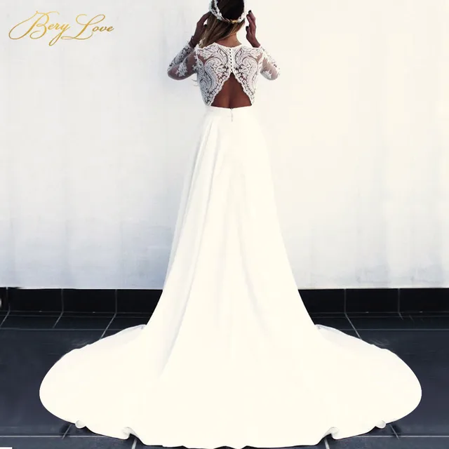 BeryLove Boho Long Sleeves Wedding Dresses Elegant Open Back Lace Wedding Gowns 2020 Bridal Gowns Dresses Wedding Robe De Mariee 2