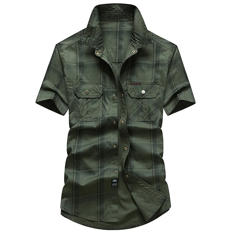 Летний плед рубашки для мужчин Повседневная 100% хлопок короткий рукав рубашка мужская Chemise Homme плюс размер 5XL армейские карго