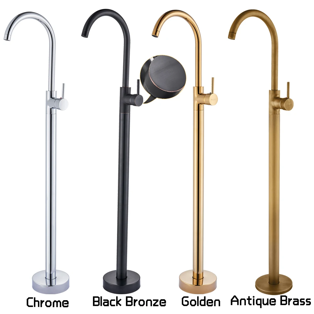 Black Bronze Floor Mounted Bath Shower Tub Sink Faucet Freestanding Bathroom Mixer Tap Rotate Spout Hot Cold Water Faucet 5