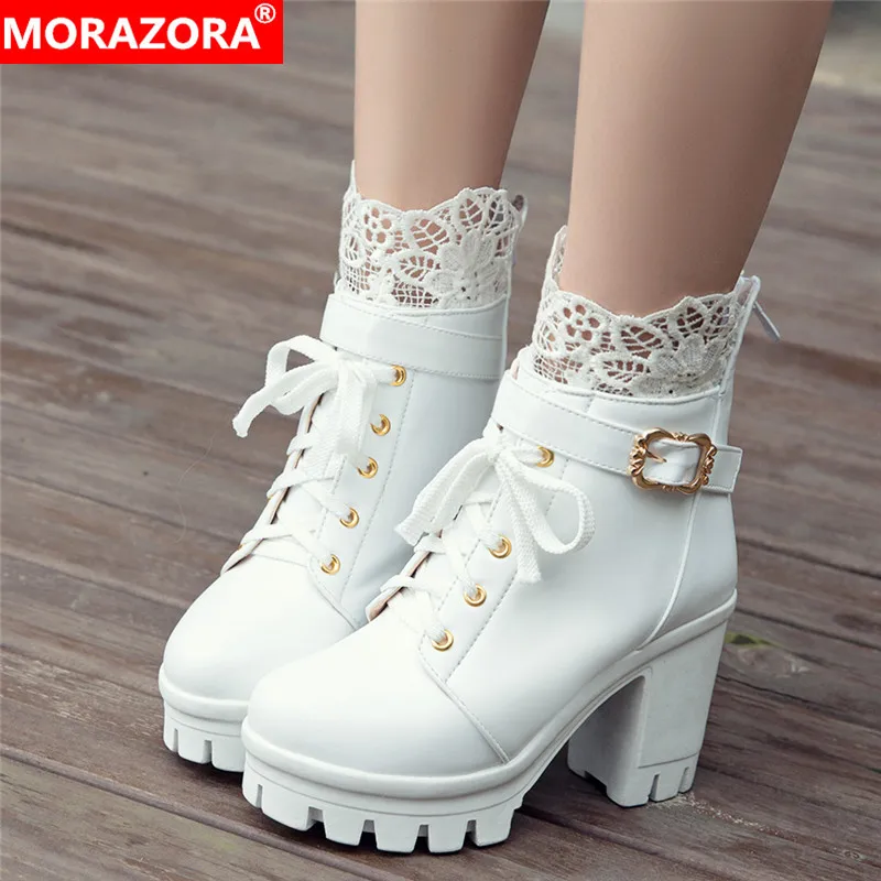 

MORAZORA 2020 New ankle boots for women lace up buckle round toe white square high heels platform boots women fashion shoes