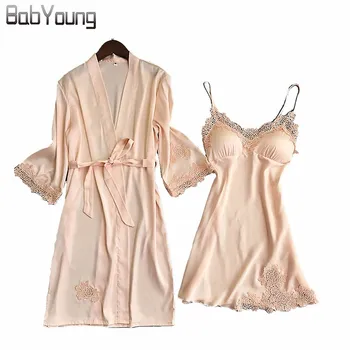 

BabYoung New Autumn Women Silk Bathrobe Pajamas Sexy Long Sleeve Robes Set Camisole Lace Night Sleep Dress Skirt Home Wear Pink