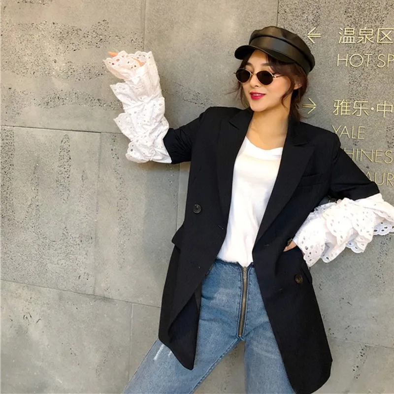 2019 New Casual Striped Blazer Coats Notched Women Flare Sleeve Ruffle Long Blazers White Patchwork Lace Blazers