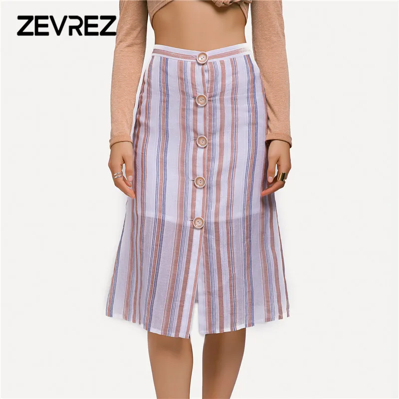 Cotton Striped Skirt Women Elastic Waist Buttons Wrap Summer Long Skirt