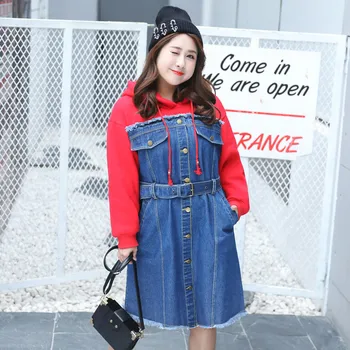 

new denim women dresses spring and autumn 2020 fat younger sister fertilizer plus-size cowboy splicing dress wholesale 6519
