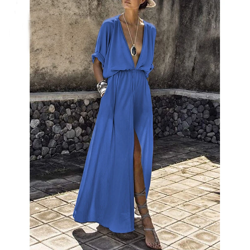 

Sexy Deep V Neck Beach Cover Up Middle Sleeve Maxi Dress Women Bathing Suit Summer Long Beach Dress Plus Size Beachwear