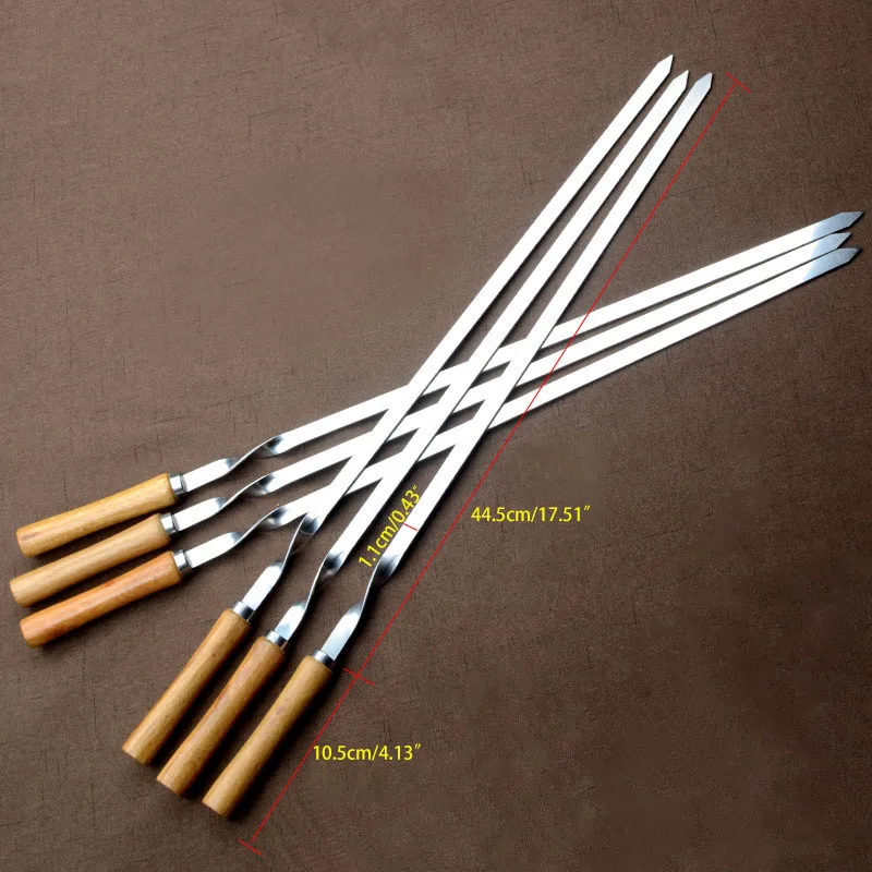 21.56" 55cm Stainless Steel BBQ Skewers Wooden Handle BBQ Fork Shish Kebab Barbecue Grill Long Flat Meat Skewers Set 6/10/12pcs