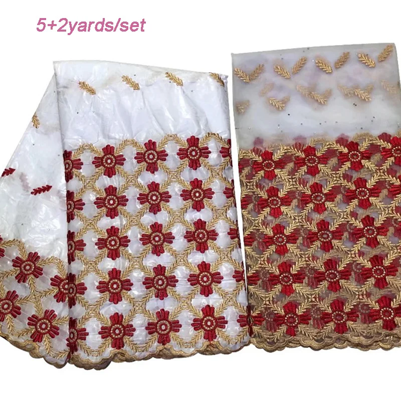 

Free shipping (5+2 yards /set) high quality white African bazin lace fabric with beautiful embroidery plus French lace set BHL35