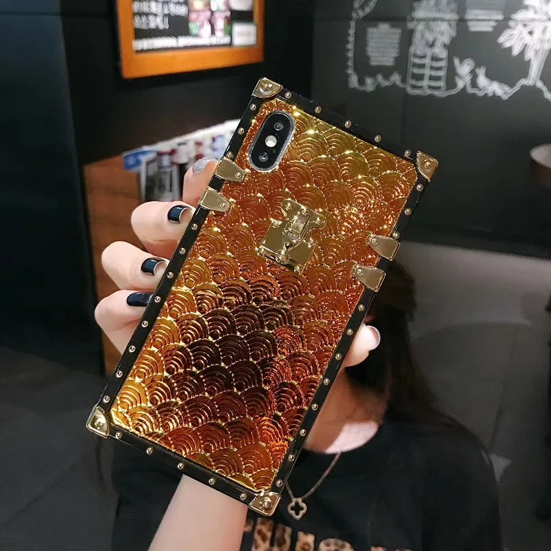 

europe Luxury brand metal square fish scale texture glitter soft hard phone case for iphone 6 7 8 plus x xr xs max vintage cover