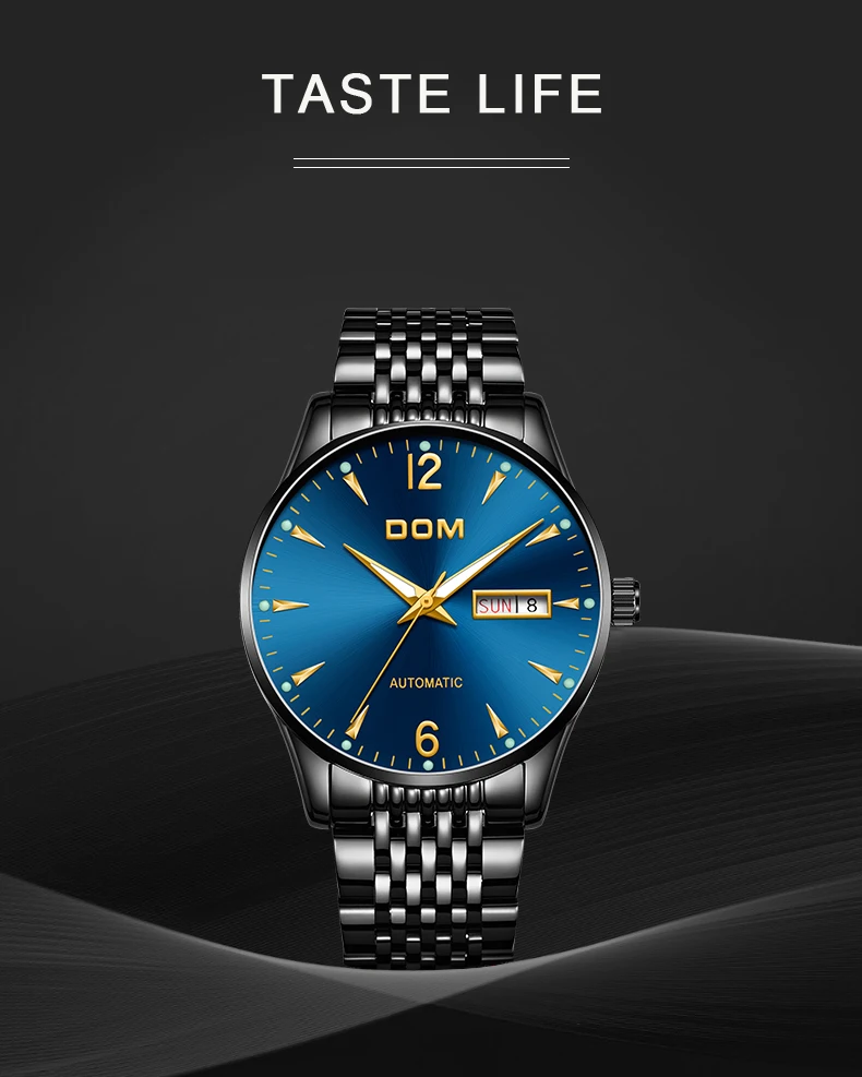 DOM Лидирующий бренд, роскошные мужские механические часы, автоматический дисплей недели, водонепроницаемые часы, мужские часы с календарем, Relogio Masculino, M-89G-1M2