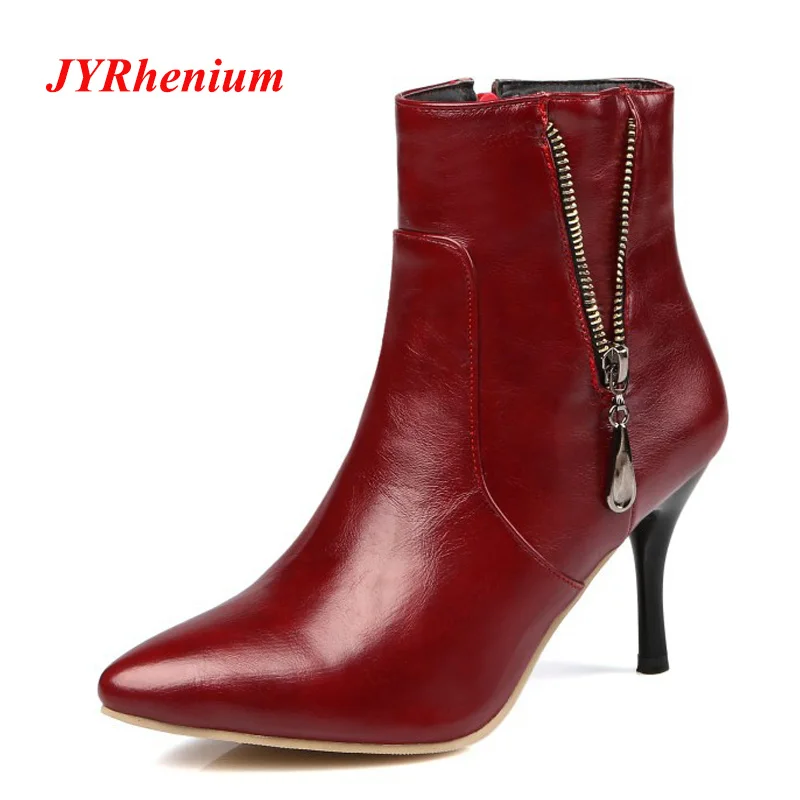 

JYRhenium 2018 New Autumn Winter Plus Size 34-45 Fashion Luxury Design Women's Ankle Boots Retro Red Boots Ladies Stiletto Shoes
