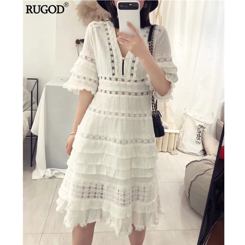 

RUGOD European Hollow Out Lace dress Women Elegant Sexy Deep V Neck Tunic Dress Party Dresses French Style Ruffle Dress Vestidos