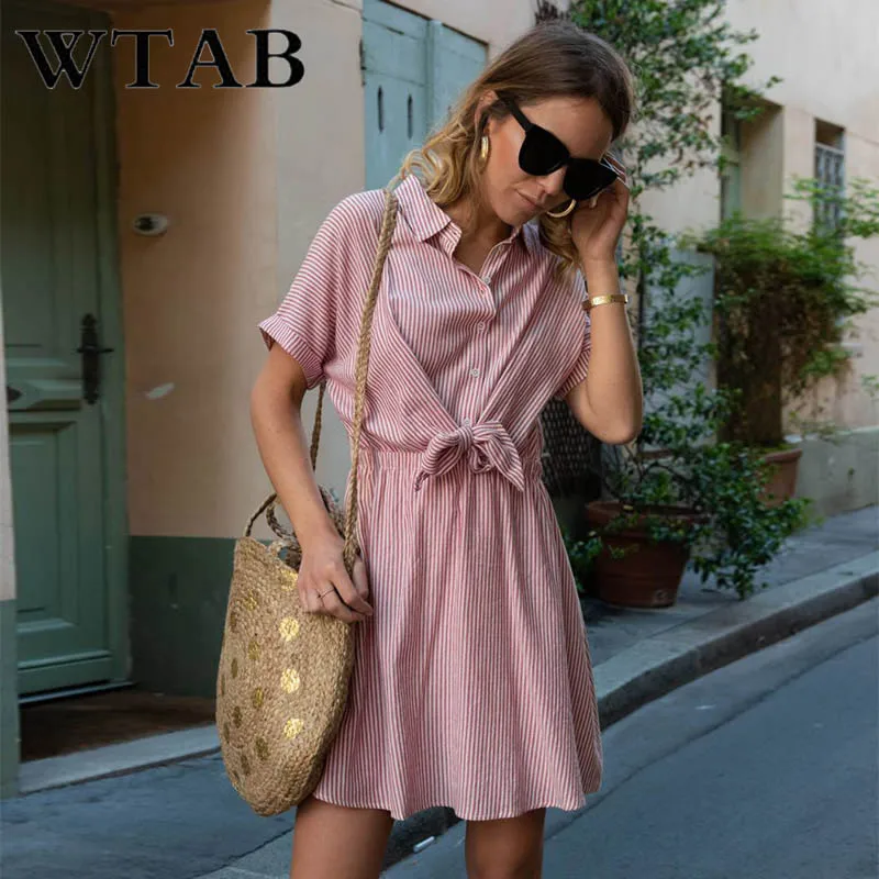 WTAB новинка Полосатое женское платье с принтом повседневное на шнуровке 2019