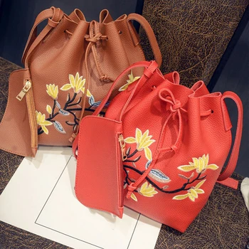 

2019 Fashion Bucket Shoulder Bag Women Drawstring Crossbody bags for Women Messenger Bag Ladies Embroidery Leather Handbag