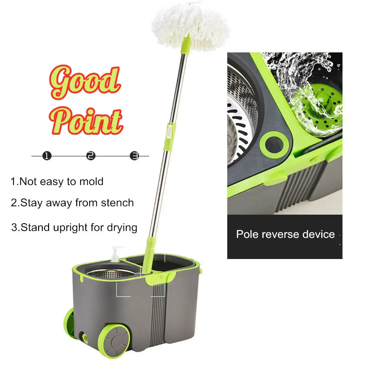 

Spin Mop Rotating and Bucket Set Wheels and 4 Microfiber Mop Heads Smart Cleaning Floors Windows Home Kitchen 360 Degree