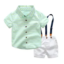 Комплект одежды для мальчиков, модная рубашка в полоску+ шорты на подтяжках Детский комплект для мальчиков, комплект одежды из 2 предметов, одежда для маленьких мальчиков