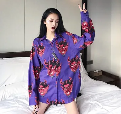 

Lychee Harajuku Demon Print Summer Women Blouse Punk Gothic Casual Loose Shirt Tops Female