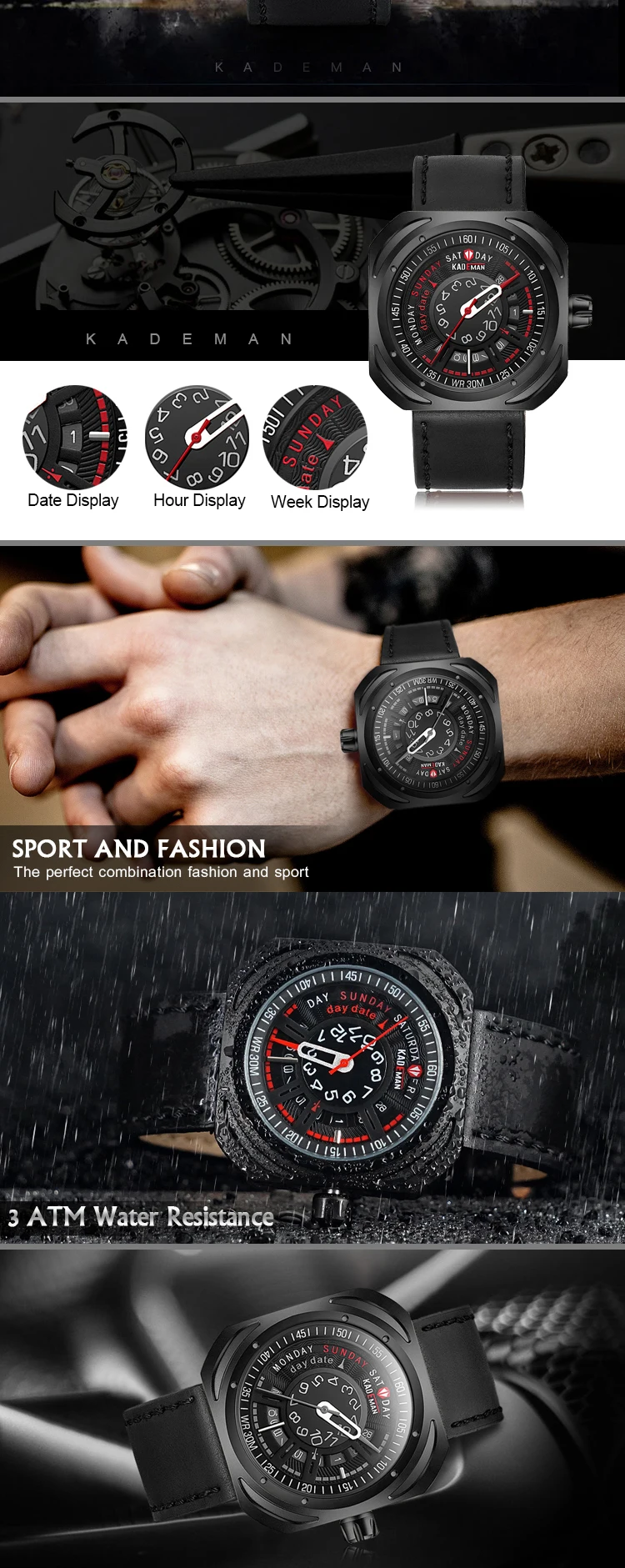 KADEMAN модные мужские часы Топ бренд класса люкс кварцевые часы мужские повседневные кожаный ремешок водонепроницаемые спортивные часы Relogio Masculino