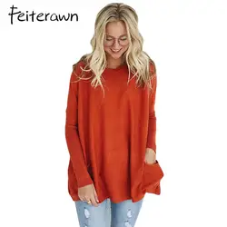 Feiterawn 2018 Новое поступление осень Для женщин одежда свободные Повседневное хаки оранжевый черный негабаритных нужным карман свитер Туника
