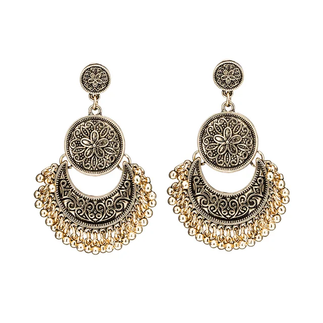 Ethnic engraved pattern totem earring jewelry Boho metal leaf leave pendant long tassel geometric drop dangle earrings for women