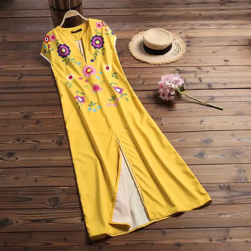 ZANZEA летний сарафан с цветочным принтом женское платье с v-образным вырезом и коротким рукавом женское пляжное платье Vestido Femme платье с разрезом - Цвет: Цвет: желтый