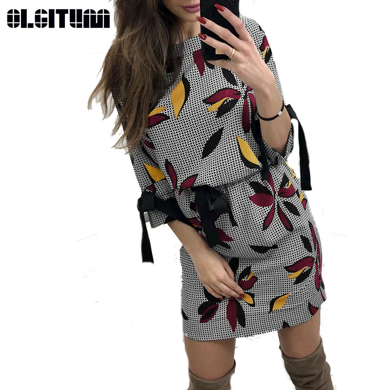 

New 2019 Women Summer Casual O-Neck Floral Print Dress Girl Sweet Bow Print Cropped Sleeve Waist Beach Dress DR883