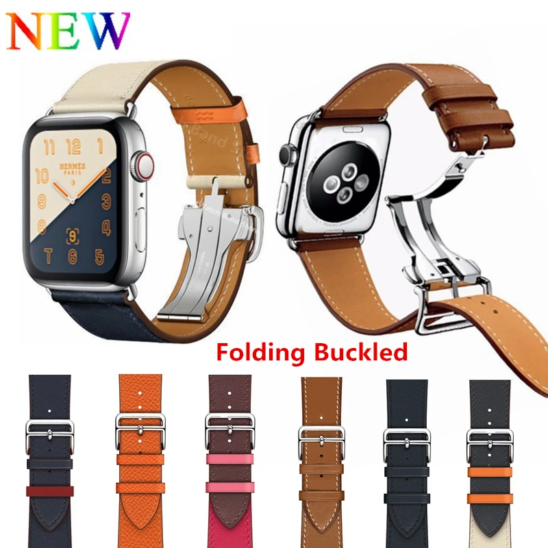 

For Apple Watch 44MM 40MM Leather Single Tour Deployment Buckle With LOGO Genuine Leather Strap for iWatch Series 4 3 2 1 Band