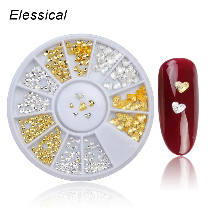

ELESSICAL Gold Silver Valentine's Day Heart Nail Rivets Studs Alloy Nails Jewelry 3D Nail Art Decorations Nail Charm Wheel WY429
