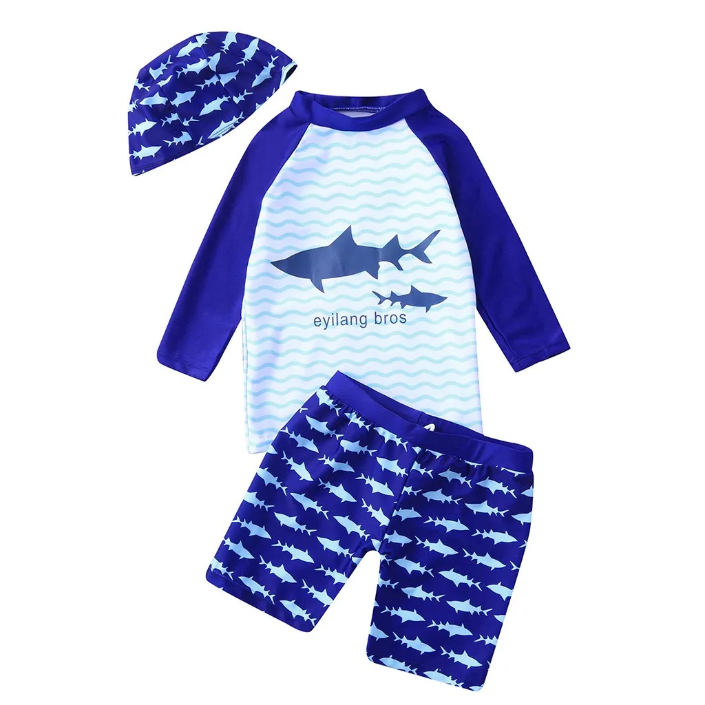 

Cartoon shark print three-piece suit cute hat Children Kid Boys Girls Cartoon Shark Top+Wave Shorts+Hat Sunsuit Swimwear Sets F4