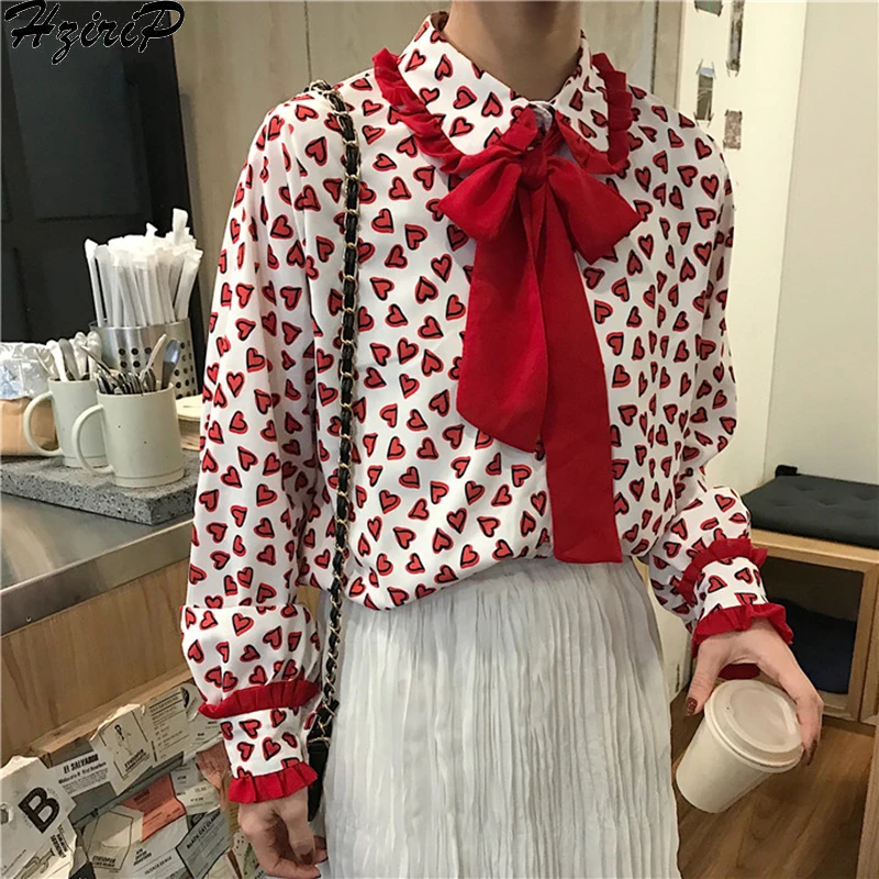 

Hzirip Korean Spring Autumn 2019 Loose Simple Elegant Sweet Bow Thin Chiffon Print Fresh Female Stylish All-Match Free Casual