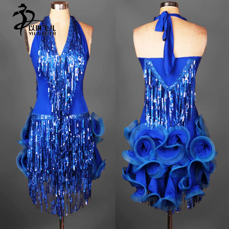 Blue Latin salsa font b tango b font Cha cha Ballroom Competition Sequined Evening font b