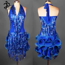 Blue Latin salsa tango Cha cha Ballroom Competition Sequined Evening Dance Dress
