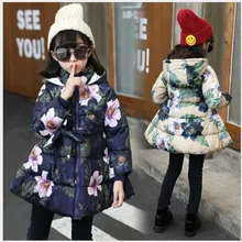 Girls Winter Coats 2017 Sweet Cute Floral Cotton-padded Clothes Outerwear Long Kids Jacket Teenager Girls Parka 14 years jackets